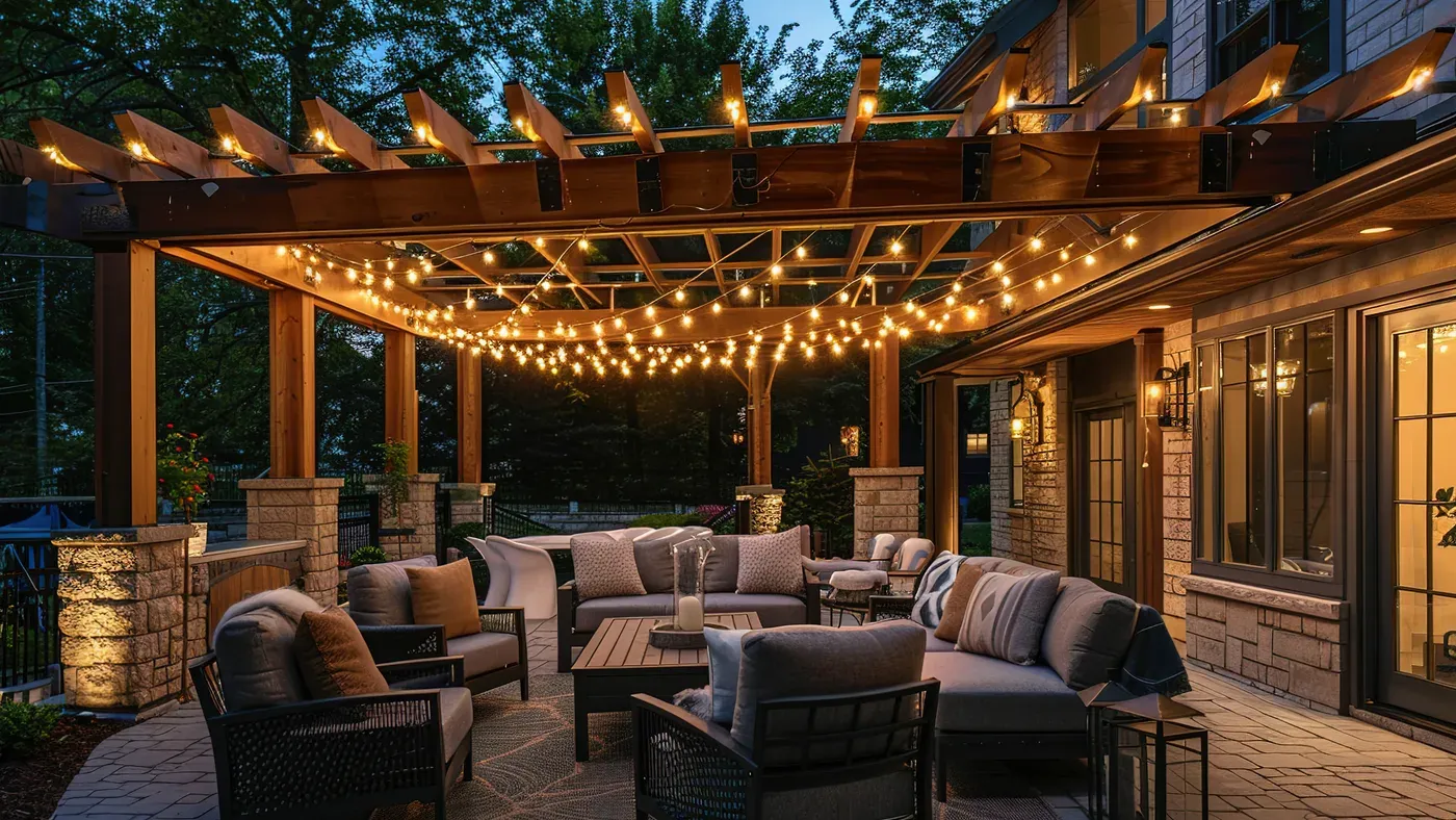 Uteplats med loungemöbler under en pergola en sommarkväll