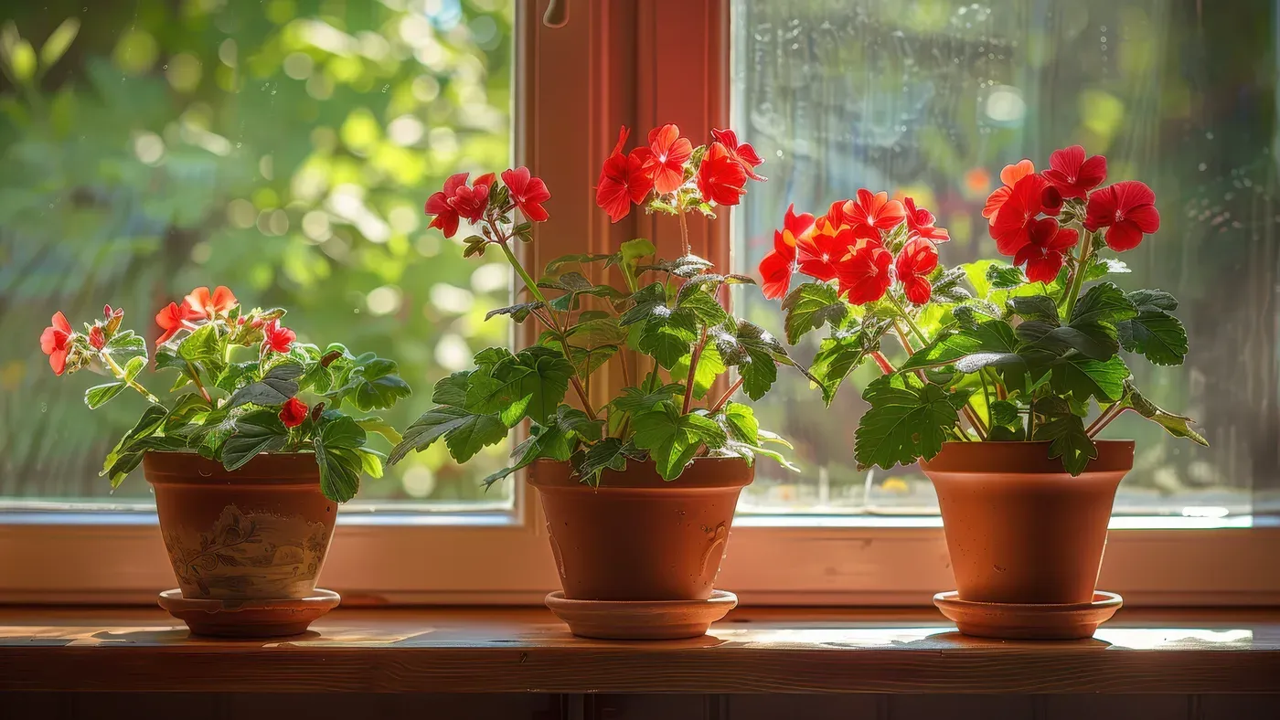 Pelargoner i lerkrukor på en solig fönsterbräda